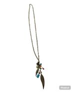 Boho Charm Necklace Feather Pendant Turquoise Coral Bead Cluster 34” Gol... - $14.40