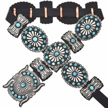 Navajo Old Pawn Style Santa Fe Antiqued Silver Turquoise Concho Belt V Blackgoat - £1,320.53 GBP