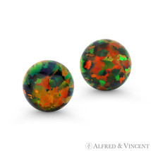 Fiery Black Synthetic Opal Round Ball Pushback Stud Earrings in 14k Yellow Gold - £31.41 GBP+