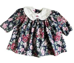 Vtg Polly Flinders Baby Girl 24 Months Blue Pink Floral Lace Collar Long Sleeve - £19.75 GBP