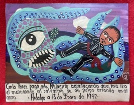 Mexican Folk Art Octopus Cyclops Attacks Man Painted Tin Ex Voto Retablo - $35.00