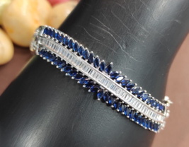 Indian Bollywood Style 925 Silver Plated Openable Bracelet Blue CZ Jewelry Set - £22.96 GBP