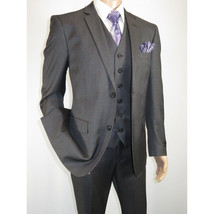 Mens Vitali Three Piece Suit Vested Semi Shiny Sharkskin M3090 Charcoal Gray image 4