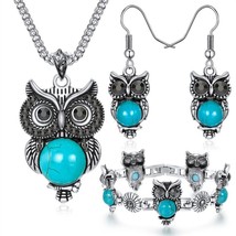 FAMSHIN Ethnic Jewelry Sets Antique Silver Color Chain Red Black Beads Owl Penda - £10.06 GBP