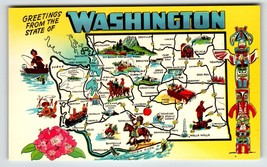 Postcard Greetings From Washington Map Chrome State Totem Pole Fly Fishing Horse - £7.83 GBP