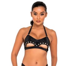 Roma Women&#39;s Standard Studded Top with Underboob Cutout for Rave/Festival, Black - £34.41 GBP