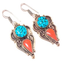 Tibetan Turquoise Coral Handmade Bohemian Jewelry Earrings Nepali 2.10&quot; SA 2876 - £6.22 GBP