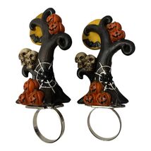 Vintage Halloween Napkin Rings Set of 2 Spooky Tree Pumpkins Skulls - $30.60