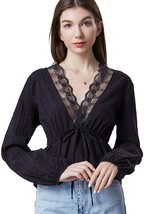 Women Lace Crochet V Neck Casual Tunic Tops, Long Sleeve Fitting Flowy (Size:XL) - £10.99 GBP