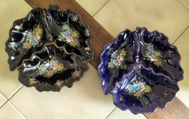 Lot (2) Vintage Hand Painted Floral Divided Dishes (Black, Cobalt Blue) ... - $29.30