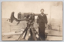 RPPC Sailor Posing With Rapid Fire Gun Aboard Ship Real Photo Postcard A48 - £15.94 GBP