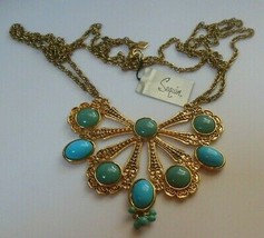 Signed Sequin Gold-tone &amp; Teal Blue CAB Statement Pendant Necklace - £35.04 GBP