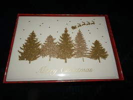 New Box 15 Gold Glitter Trees &amp; Santa Claus Flying Over Christmas Cards - £17.33 GBP