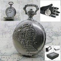 Pocket Watch Silver Color Train Quartz Watch for Men Arabic Number Fob Chain 161 - £16.38 GBP
