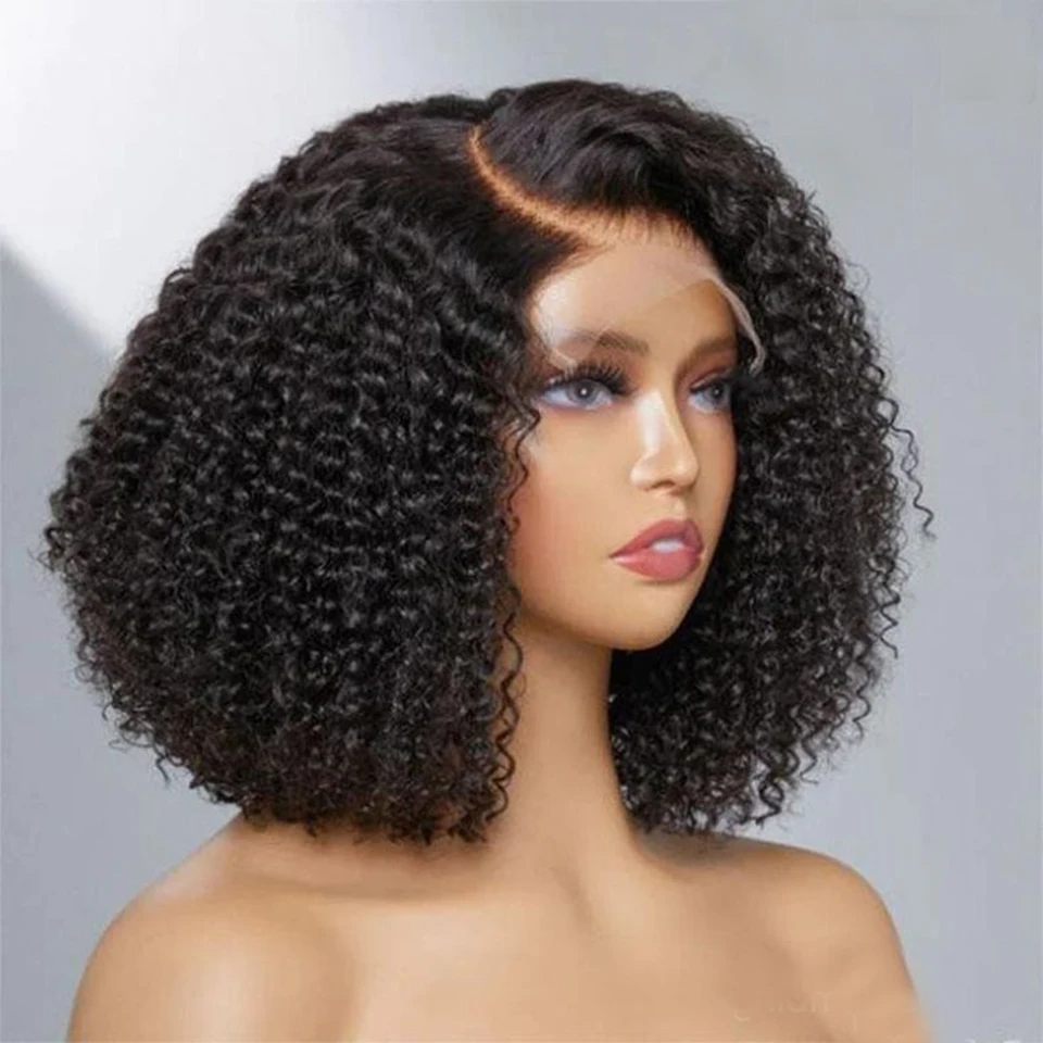 14&quot; 180D Glueless Afro Kinky Curly Bob Lace Wigs Wear &amp; Go Brazilian Deep Curly - £53.32 GBP