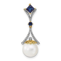 14k Diamond 8-9mm Round FWC Pearl/Created Sapphire Chain Slide XP4168 - £213.89 GBP