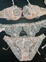 Victoria&#39;s Secret 36DDD BRA SET+garter+panty BEIGE SILVER crystal evening blush - £93.19 GBP