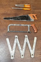 6 Vintage 1960's Marx Toy Tools ~ 3 screwdrivers, 2 saws & tape ruler - $25.00