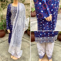 Pakistani Blue Ajrak Printed Straight Shirt 3-PCS Lawn Dress, Threadwork,M - £52.85 GBP