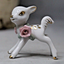 Fawn Deer Sculpture Gold Trim Rose White Small Ceramic Made in Japan 1950s - $14.36