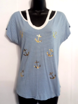 Free Kisses Blue &amp; White Striped Top Small Nautical Anchor Theme Cotton ... - $9.85