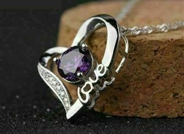 14K White Gold Over 2 Ct Round Amethyst &amp; Diamond Heart Pendant 18&quot; Free Chain - $85.00