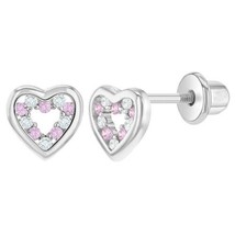 Simulated Pink Sapphire &amp; Diamond Heart Stud Earrings 14K White Gold Plated - £32.86 GBP