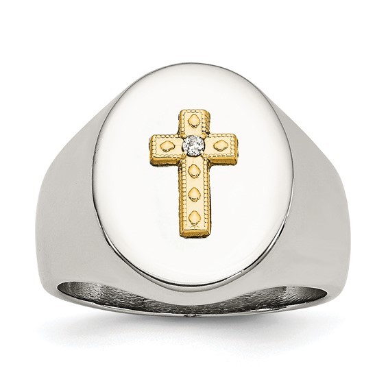 Men's Stainless Steel & 10K Gold Plated Cross & Diamond Ring - $159.99