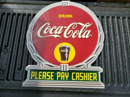 Vintage Drink Coca Cola Please Pay Cashier diecut  Sign General store ga... - £124.58 GBP
