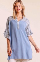 New UMGEE S M Blue Solid Plaid Henley Button Front Short Ruffle Sleeve T... - £18.17 GBP