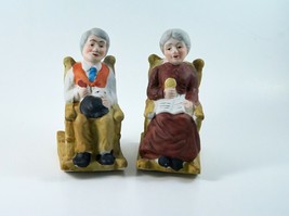 Bisque Figurine Grandpa &amp; Grandma Old Couple In Rocking Chairs Porcelain VTG - £10.38 GBP