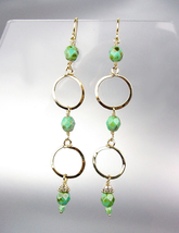 CHIC Double Gold Rings Green Turquoise Crystal Beads Long Dangle Earring... - $21.99