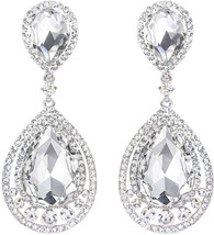 Womens Silver-Tone Crystal Big Hollow Out Teardrop Vintage Dangle Earrings Clear - £32.83 GBP