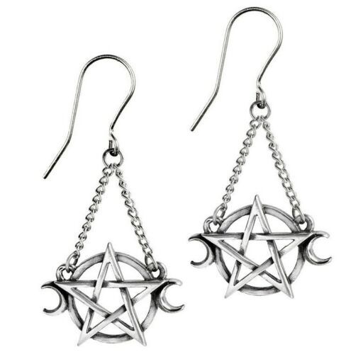 Primary image for Alchemy Gothic Wiccan Goddess Earrings Hanging Pentagram Moons on Chain E430