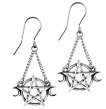 Alchemy Gothic Wiccan Goddess Earrings Hanging Pentagram Moons on Chain ... - $25.45
