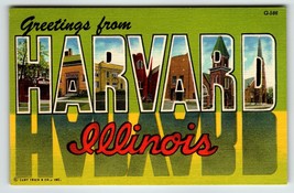 Greetings From Harvard Illinois Large Letter Linen Postcard Curt Teich U... - $12.54