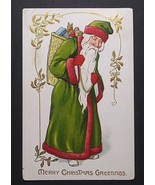 Merry Christmas Santa in Red-Trimmed Green Suit Tucks Embossed Postcard ... - £31.23 GBP