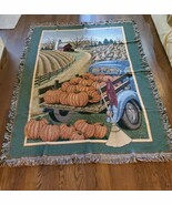 Vtg Wagon /Fall Pumpkins Woven Blanket Throw Accent Cotton Fringe. Nice ... - €26,24 EUR
