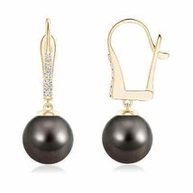 Tahitian Cultured Pearl Drop Earrings with Diamond in 14K Gold (AAA, 9MM) - £873.70 GBP
