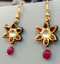 Vintage Kundan Earring Hoop Stud Handmade Design 22K Yellow Gold Tribal Jewelry - £1,166.65 GBP