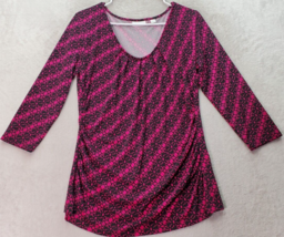 New York &amp; Company Blouse Top Women Large Black Magenta Geometric Stretch Ruched - £17.55 GBP