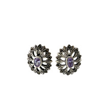Vintage Sterling Silver Marcasite &amp; Amethyst Flower Filigree Pierced Ear... - $37.62