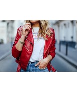 Women Leather Cropped Red Jacket Handmade Moto Leather Winter Jacket - £78.21 GBP