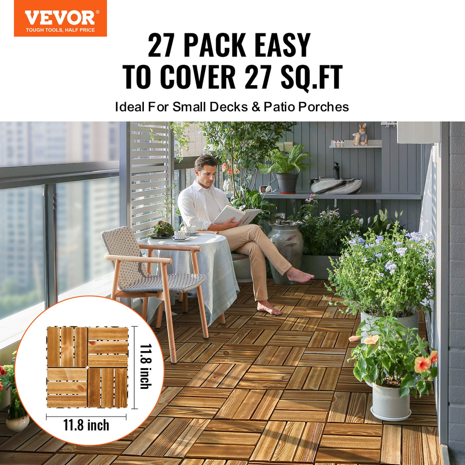 VEVOR Interlocking Deck Tiles Solid Wood 27 Pack 12&quot;x12&quot; Camphor Pine fo... - £77.85 GBP