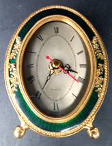 Vintage Green Enamel and Ornate Floral Brass Small Battery Quartz Clock MRF 89 - £27.06 GBP