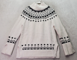 LOFT Sweater Women Large White Aztec Print Cable Knit Long Sleeve Mock Neck Slit - £29.16 GBP