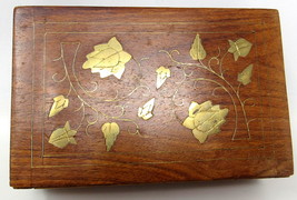 Wooden Box Brass Inlaid Ivy Trinkets Document Cards Jewelry Vintage US Seller C - £22.44 GBP