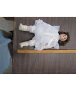 PRE OWNED Curly Porcelain Doll WHITE DRESS BROWN EYES AND HAIR NO STAND ... - £16.20 GBP
