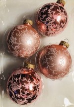 Krebs Christmas Ornament Set 4 Glittery White Frost Pattern Pink Glass Balls - £15.51 GBP