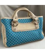 Céline Macadam Canvas Cream Leather Hand Bag Aquamarine Blue Purse - $311.85